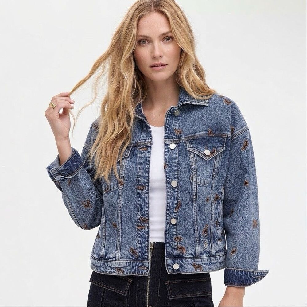 AVEC LES FILLES Horse Embroidered Denim Trucker Jacket L Oversized Western Rodeo